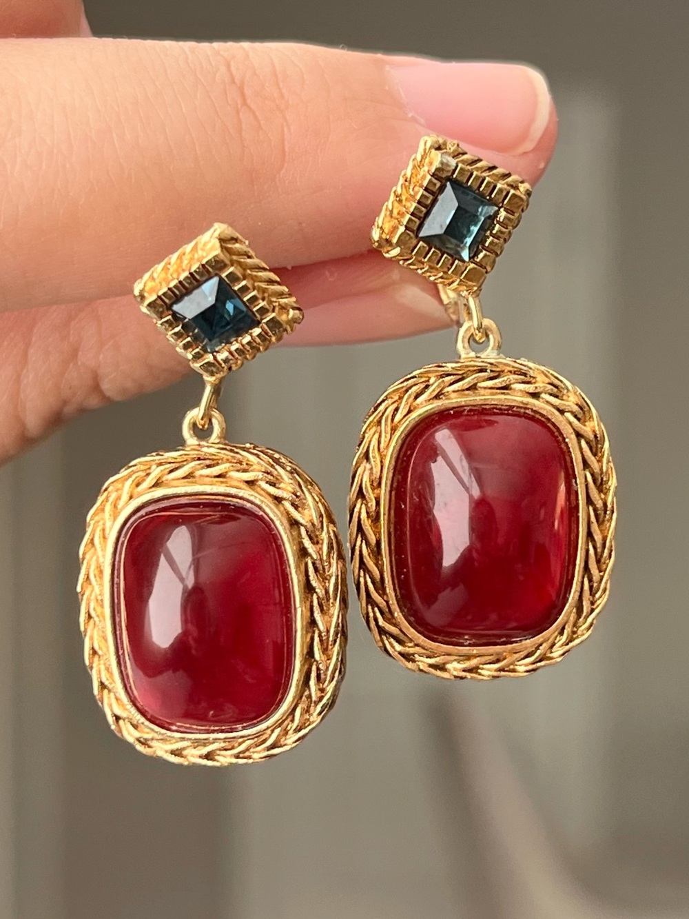 Authentic Vintage Givenchy Red Resin Cabochon Filigree Gold Drop Clip Earrings